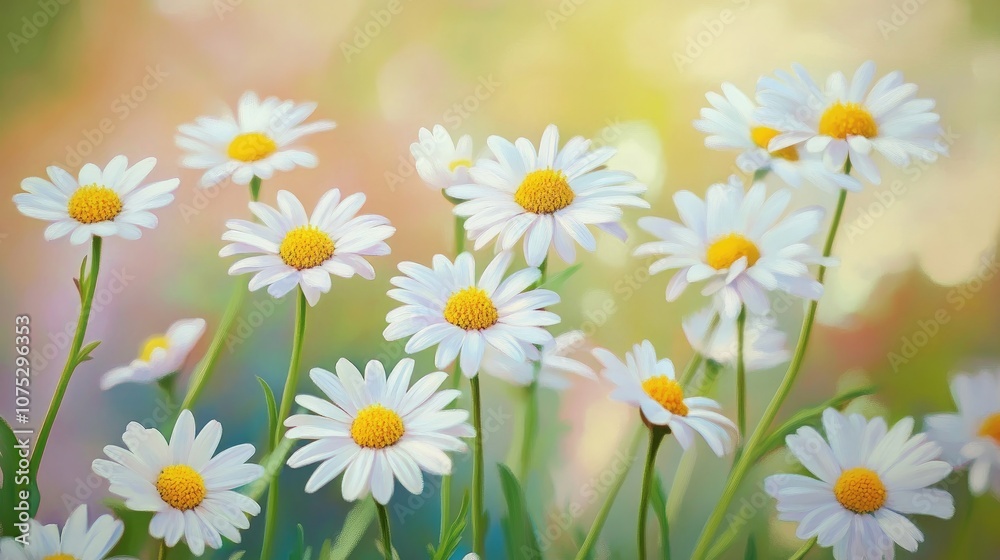 Fototapeta premium Oil painting showcasing a vibrant bouquet of daisies in nature highlighting wildflowers and their delicate white petals in a spring garden setting Ideal for web banners and floral arrangements