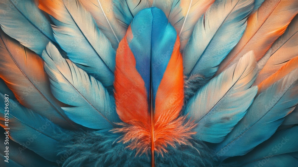 A vibrant display of blue and orange feathers arranged artistically, creating a stunning and colorful composition. A vibrant display of blue and orange feathers arranged artistically, creating a stunning and colorful composition.
