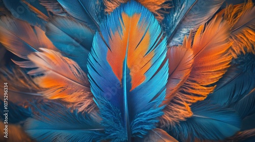 Vibrant blue and orange feathers arranged artistically, showcasing a striking contrast and intricate textures.