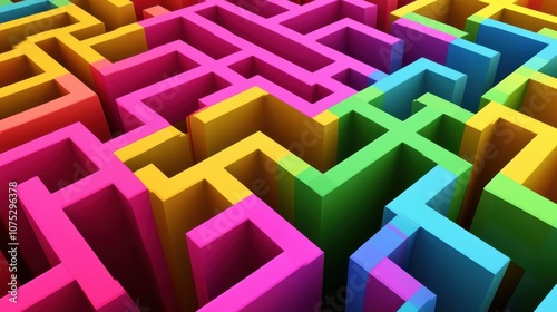 A vibrant 3D maze featuring colorful walls in pink, blue, green, and yellow, creating a playful and engaging atmosphere.