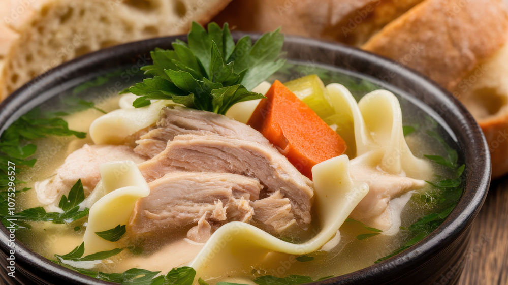 A warm bowl of chicken noodle soup with tender chicken, noodles, carrots, and parsley, served with slices of crusty bread in a cozy setting. A warm bowl of chicken noodle soup with tender chicken, noodles, carrots, and parsley, served with slices of crusty bread in a cozy setting.