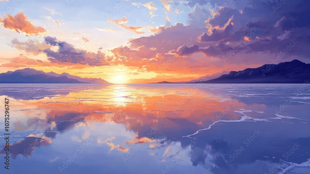 Fototapeta premium Oil painting depicting a sunset over expansive salt flats showcasing the serene beauty of the landscape during twilight hours