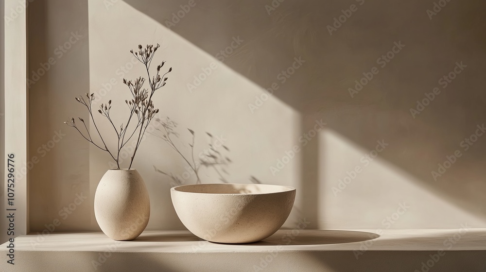 Minimalist vases and bowl in sunlight with plant shadows