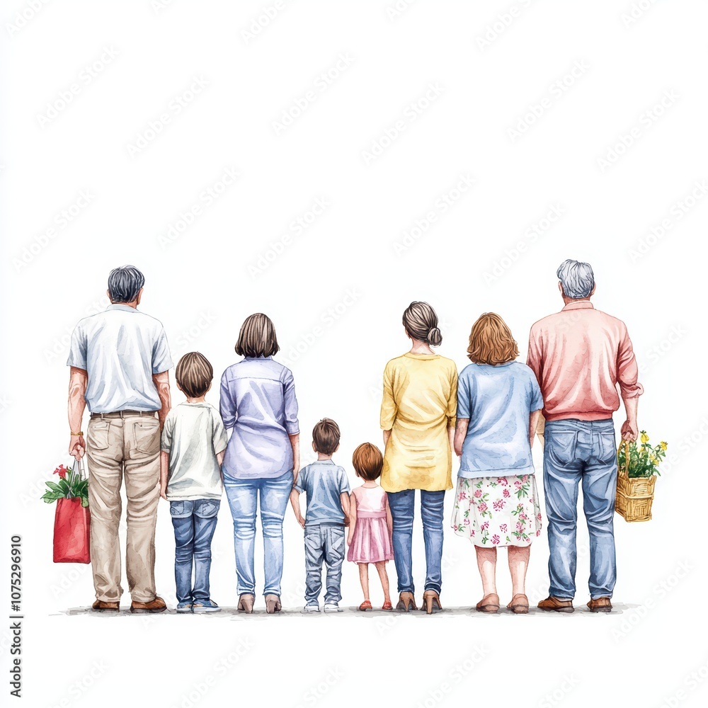 Obraz premium A group of diverse family members standing together, facing away against a white background.