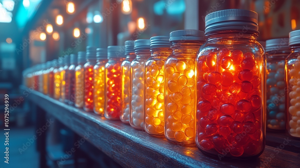 Illuminated Colorful Jars Filled with Vibrant Candy Beads Illuminated Colorful Jars Filled with Vibrant Candy Beads