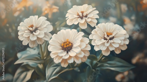 Oil painting of white zinnia flowers in a garden illuminated by soft morning sunlight showcasing their beauty with a vintage film color tone