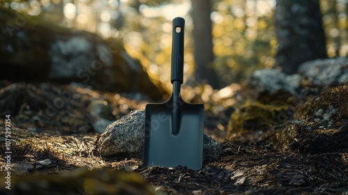 A black shovel is sitting on a pile of rocks in the woods