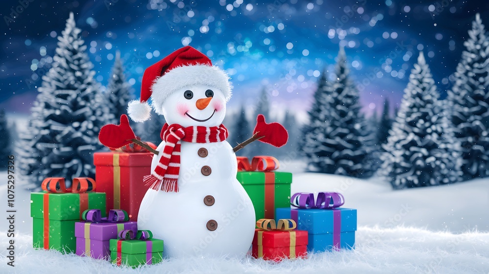 A festive winter landscape with a cheerful snowman wearing a red Santa hat and scarf, standing in the foreground surrounded by colorfully wrapped gift boxes. A festive winter landscape with a cheerful snowman wearing a red Santa hat and scarf, standing in the foreground surrounded by colorfully wrapped gift boxes.