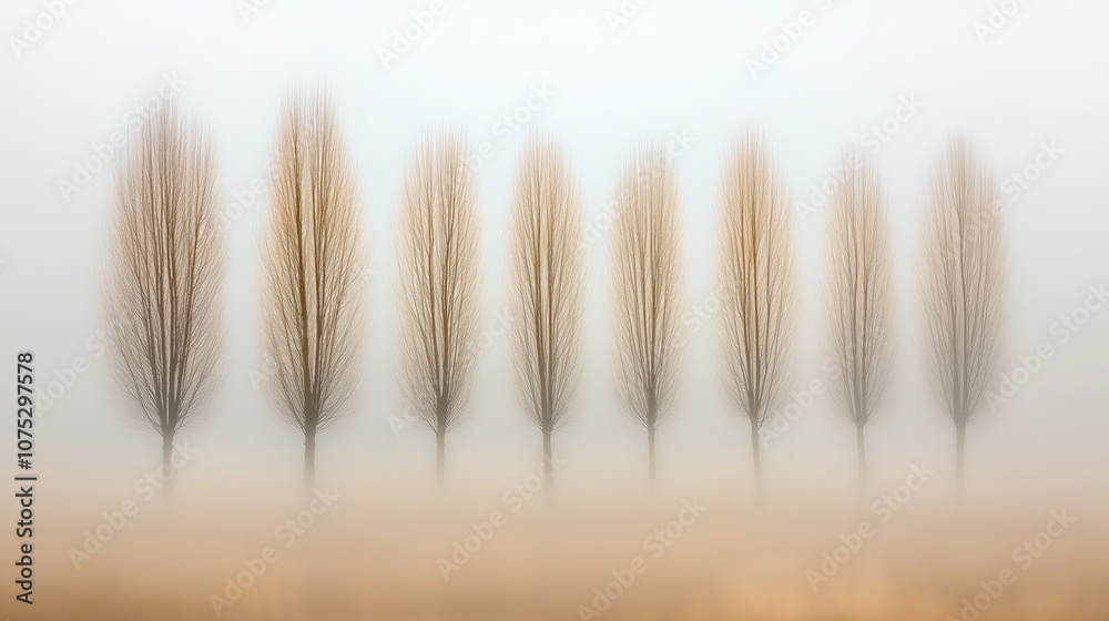 Minimalist trees in mist creating a tranquil scene Minimalist trees in mist creating a tranquil scene