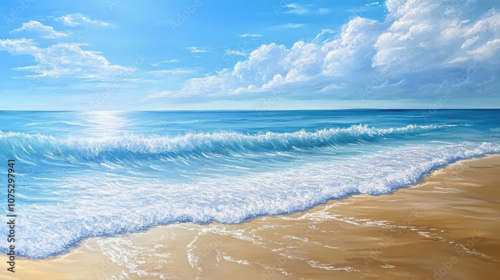 Oil painting depicting a serene beach scene with soft waves and a tranquil atmosphere