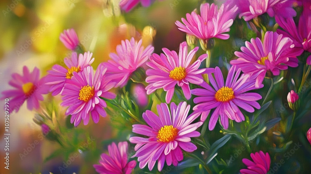 Oil painting featuring vibrant pink aster blossoms in full bloom Oil painting featuring vibrant pink aster blossoms in full bloom