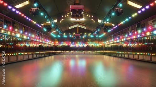 A vibrant and colorful dance floor adorned with bright lights and a mirrored ceiling, creating an energetic atmosphere.