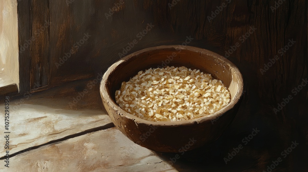 Oil painting depicting oatmeal served in a rustic bowl on a natural wooden surface showcasing the textures of both the bowl and the table Oil painting depicting oatmeal served in a rustic bowl on a natural wooden surface showcasing the textures of both the bowl and the table