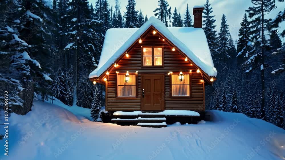 Illuminated rustic cabin nested in snowy forest at twilight