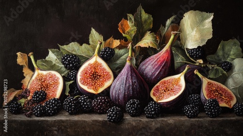 Oil painting showcasing fresh juicy figs and blackberries against a dark backdrop highlighting the beauty of harvested fruits