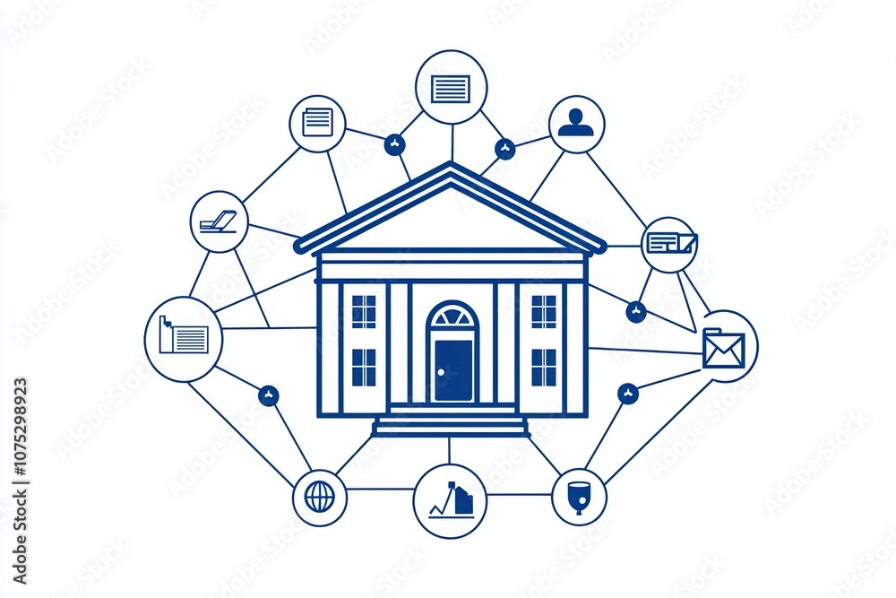 An abstract illustration of a building connected to various digital icons, symbolizing connectivity.