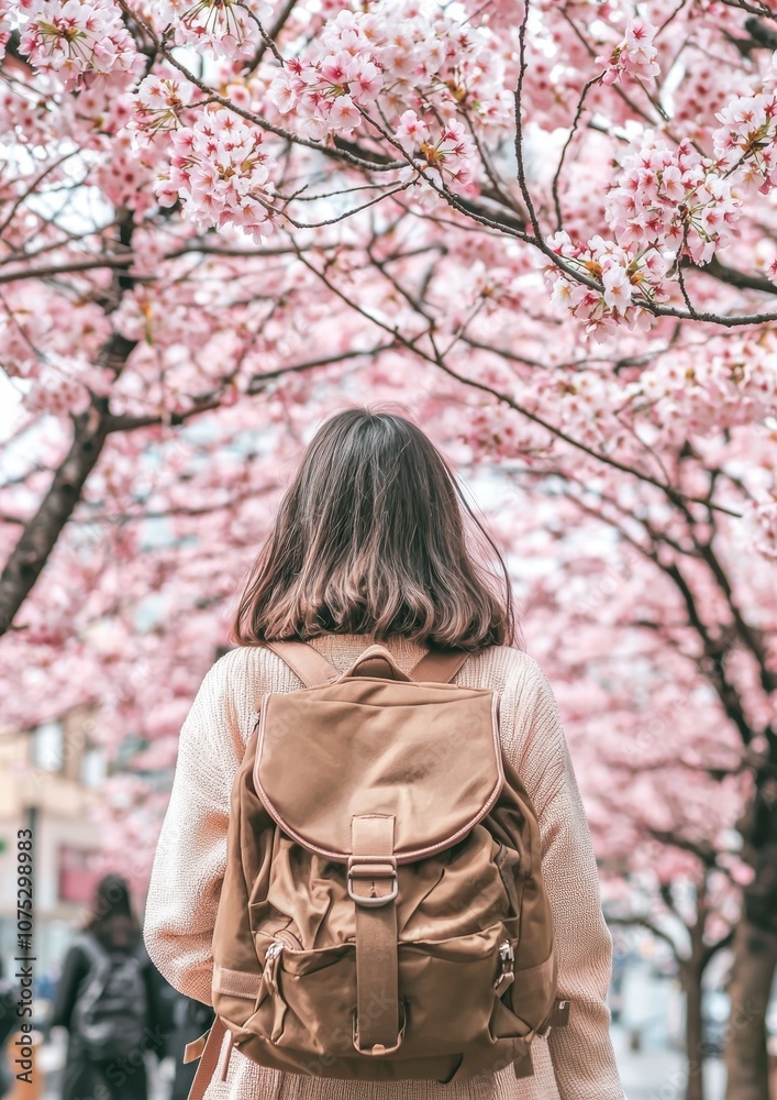 A woman wearing a backpack is standing in front of a tree with pink flowers A woman wearing a backpack is standing in front of a tree with pink flowers