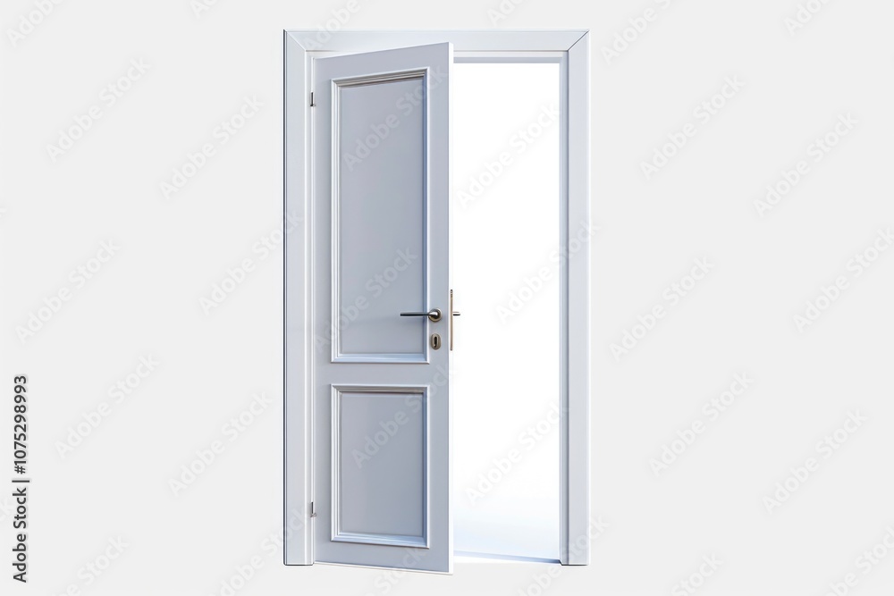 A white door with a modern handle, closed and reflecting an interior space in its window. A white door with a modern handle, closed and reflecting an interior space in its window.