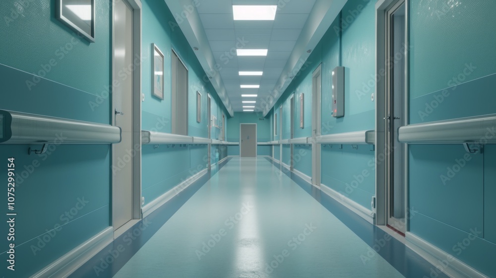 A serene hospital hallway with blue walls, reflective floor, and doors leads to a gray door. Empty of people, it exudes a quiet ambiance. A serene hospital hallway with blue walls, reflective floor, and doors leads to a gray door. Empty of people, it exudes a quiet ambiance.