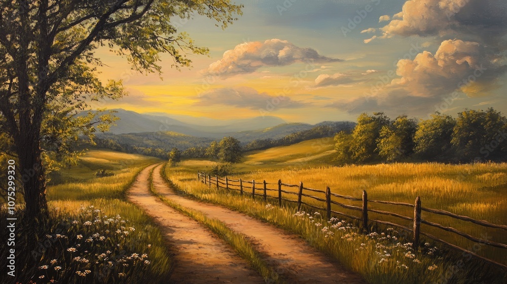 Oil painting depicting a summer field during the evening hours Oil painting depicting a summer field during the evening hours