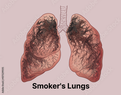 Human lungs, a part of the respiratory system. Smokers lungs. Damaged human lungs. Healthcare illustration, educational illustration.  Vector illustration.