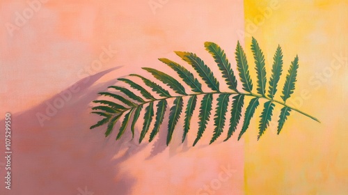 Fototapeta Naklejka Na Ścianę i Meble -  Oil painting depicting a tropical fern leaf branch casting shadows against a pink and yellow background embodying a summer theme and lush foliage
