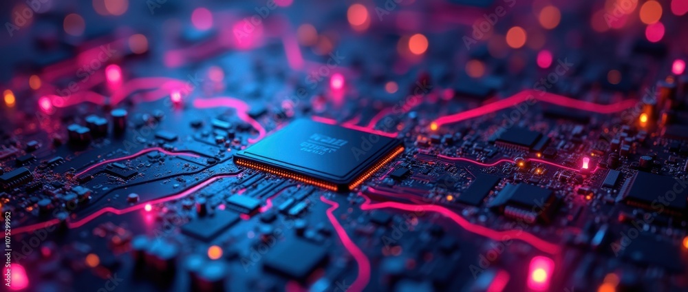 Neon-Lit Circuit Board From Various Angles Neon-Lit Circuit Board From Various Angles