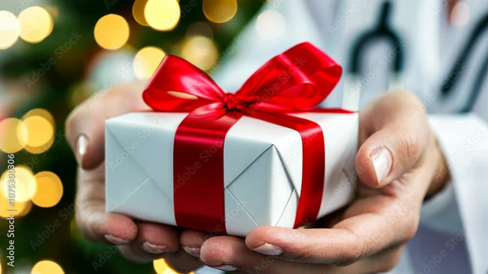 In a delightful moment of giving, a beautifully wrapped present is offered, embodying the spirit of generosity and warmth during the holiday festivities In a delightful moment of giving, a beautifully wrapped present is offered, embodying the spirit of generosity and warmth during the holiday festivities
