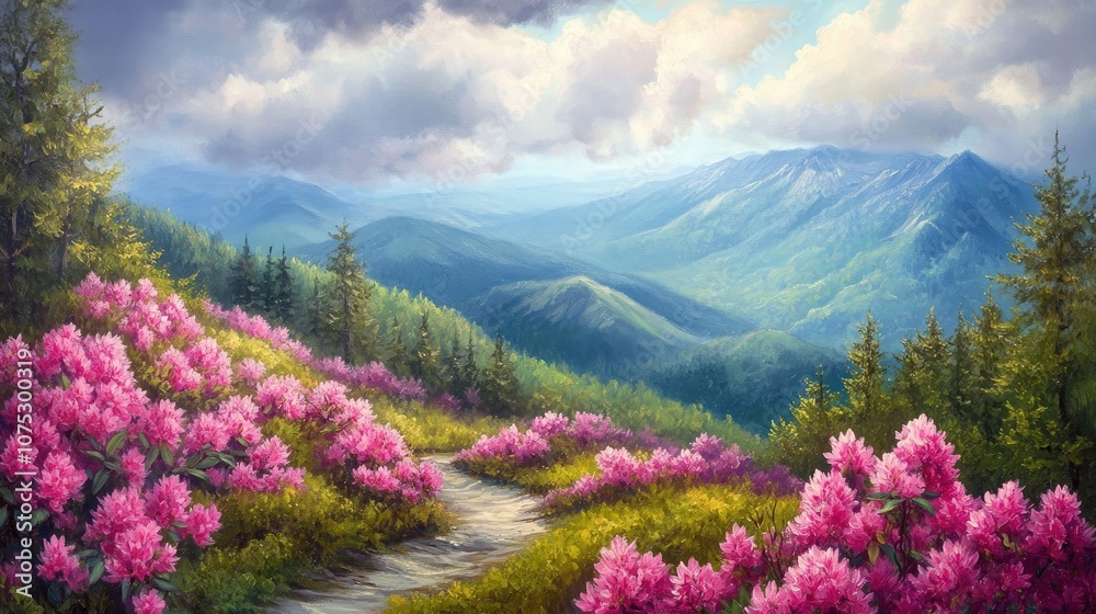 Fototapeta premium Oil painting depicting a stunning mountain landscape with vibrant pink rhododendrons adorning green slopes a winding trail and lush wooded hills under a cloudy sky