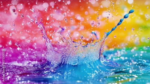 A vibrant splash of water creates dynamic droplets against a colorful background.