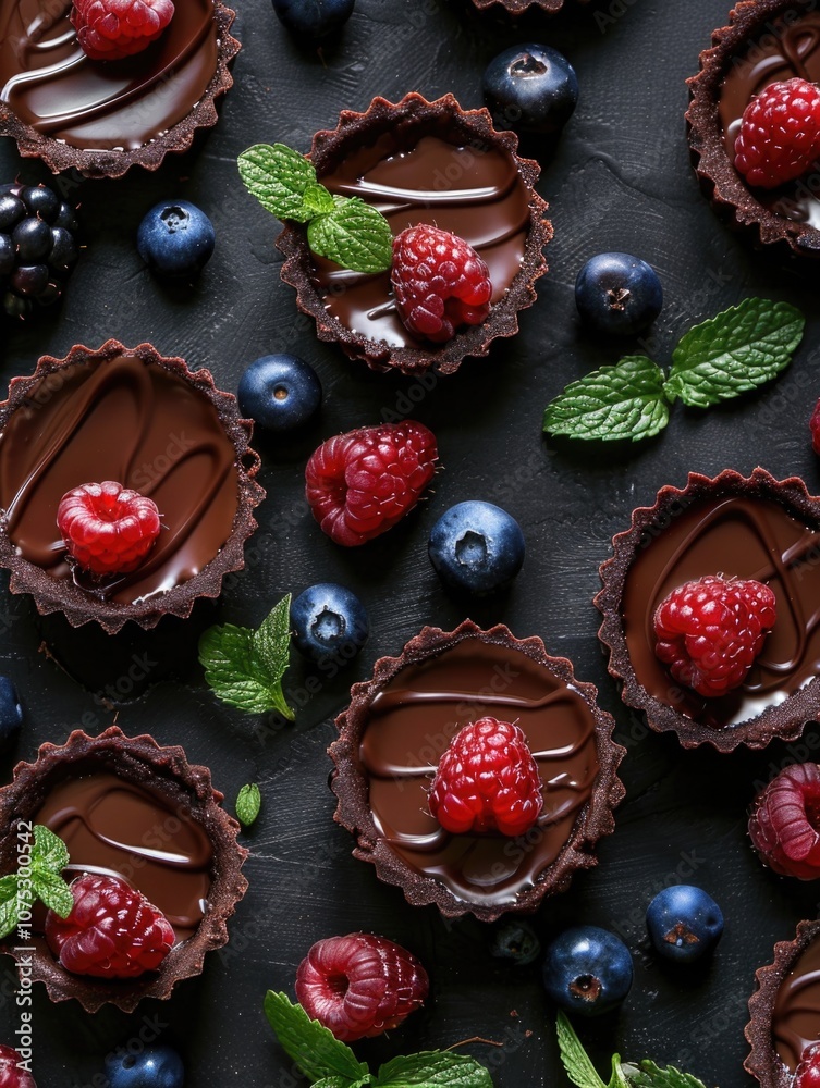 Sweet chocolate tarts topped with juicy berries. Sweet chocolate tarts topped with juicy berries.