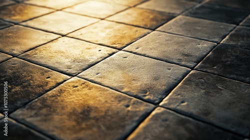 Vintage looking tiled floor with grout worn from use.