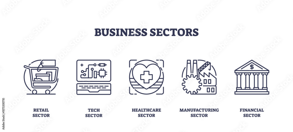 Fototapeta premium Business sectors icons outline showing retail, tech, healthcare, manufacturing, and financial sectors. Important objects, cart, laptop, heart. Outline icons set.
