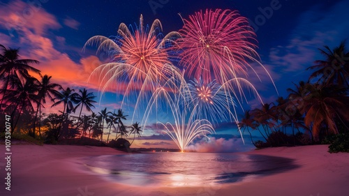 A vibrant, colorful scene depicting a tropical beach setting at night, with a breathtaking fireworks display in the sky above.