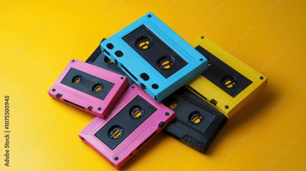 Colorful cassette tapes stacked on a bright yellow background, evoking nostalgia and creativity.