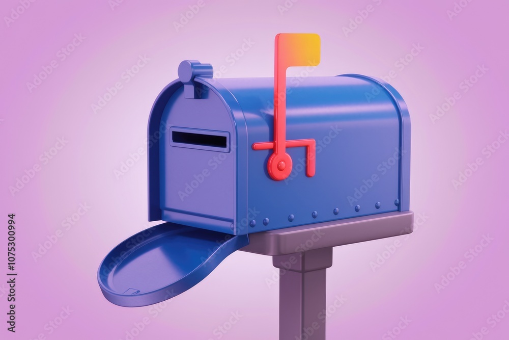 A blue mailbox with a flag open for receiving mail. A blue mailbox with a flag open for receiving mail.