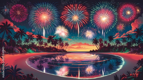 A vibrant, colorful scene depicting a tropical beach setting at night, with a breathtaking fireworks display in the sky above.