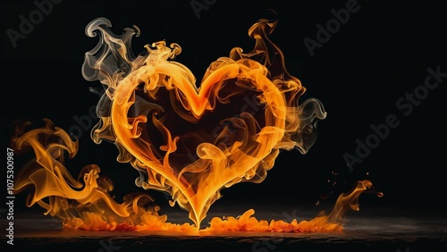 Dynamic heart shape created with flames and smoke on a dark background
