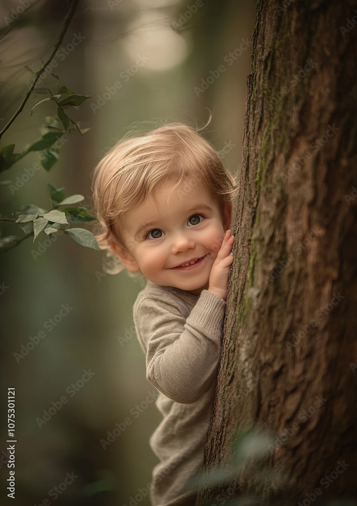 A young child is hiding behind a tree trunk and smiling A young child is hiding behind a tree trunk and smiling