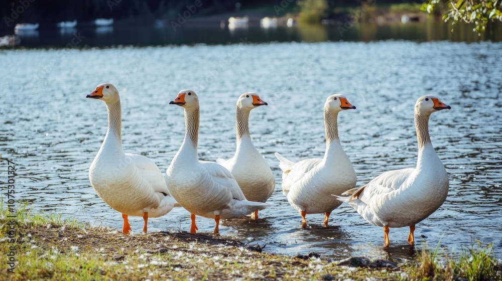 Obraz premium A gaggle of geese waddles by a serene lake, honking and flapping as they search for food