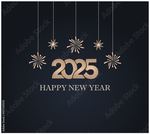 2025 Happy New Year design vector. Gold number with gold confetti on dark background. colorful fireworks, gold balls and trendy new year 2025 design template. Greeting Card. Vector Illustration.