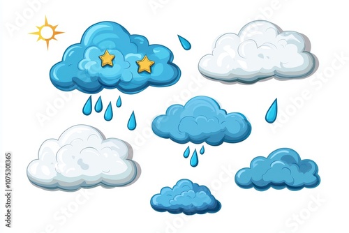 Colorful cartoon clouds with sun and rain, ideal for weather-themed designs.