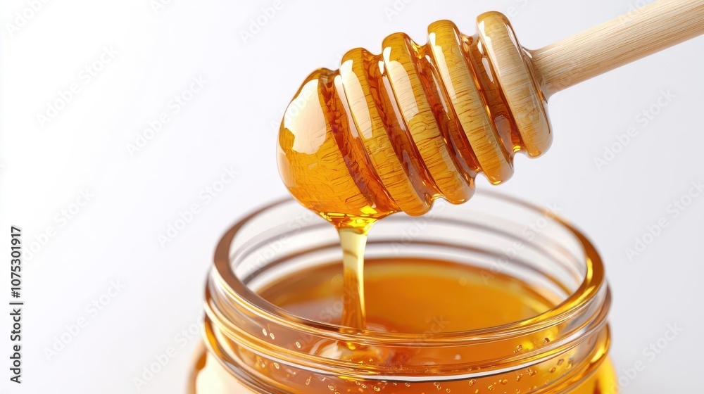 A close-up view of honey dripping from a wooden honey dipper into a jar, showcasing the golden amber colors. A close-up view of honey dripping from a wooden honey dipper into a jar, showcasing the golden amber colors.