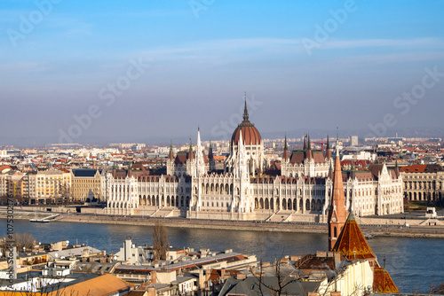 Photography Panoramic view of Budapest, Danube river with Hungarian Parliament Building