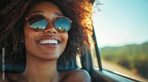 African woman vivacious enjoys a sunny on a road trip