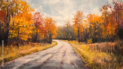 Oil painting of an autumn road featuring unusual scenery with vibrant fall colors and unique elements throughout the landscape