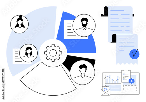 Diagram with three highlighted team members, a gear symbolizing workflow, documents, a check-marked scroll, and data charts with an envelope. Ideal for team management, workflow, document