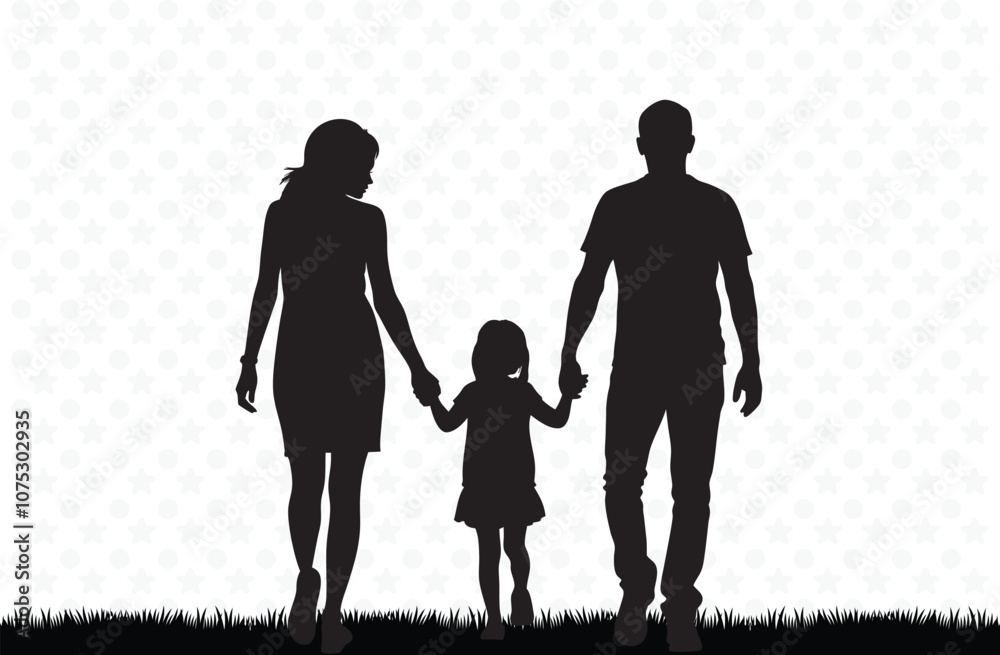 Silhouette of dad mom and child walking and holding hands Silhouette of dad mom and child walking and holding hands