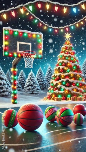 Christmas Basketball Court with Decorated Balls Tree and Lights photo