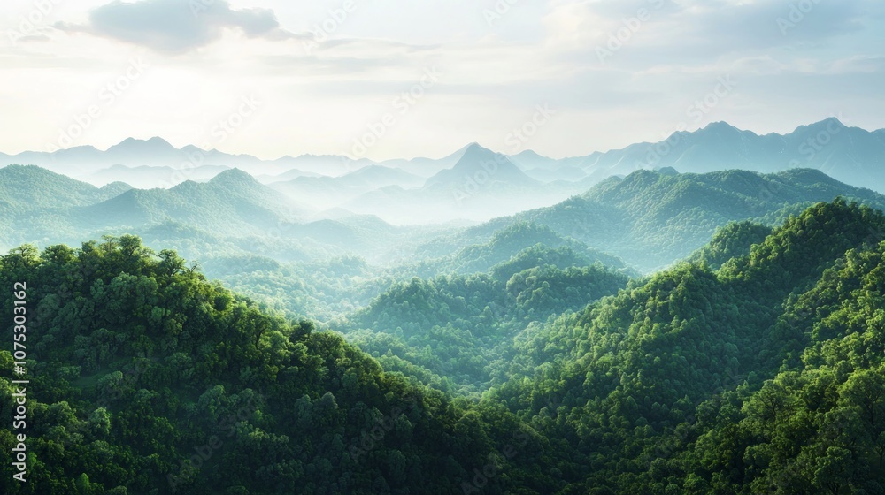 Naklejka premium Spring Mountain Range - Environmental Conservation Awareness 3D Render with Deforestation Impact